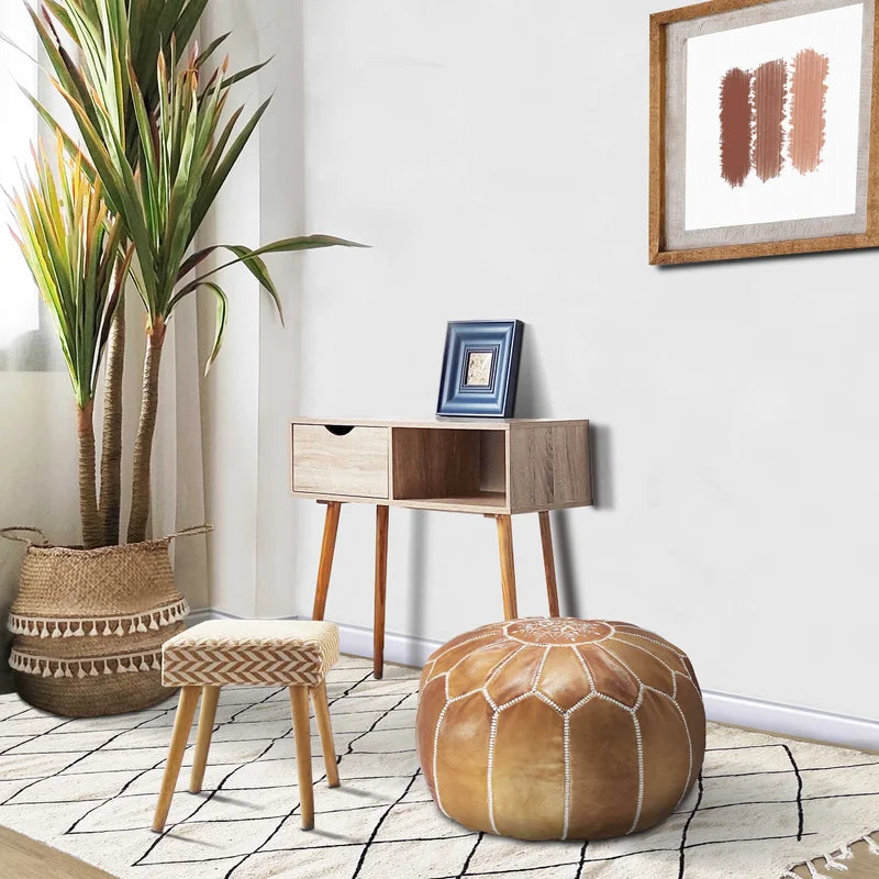 Genuine Leather Round Floral Pouf Ottoman