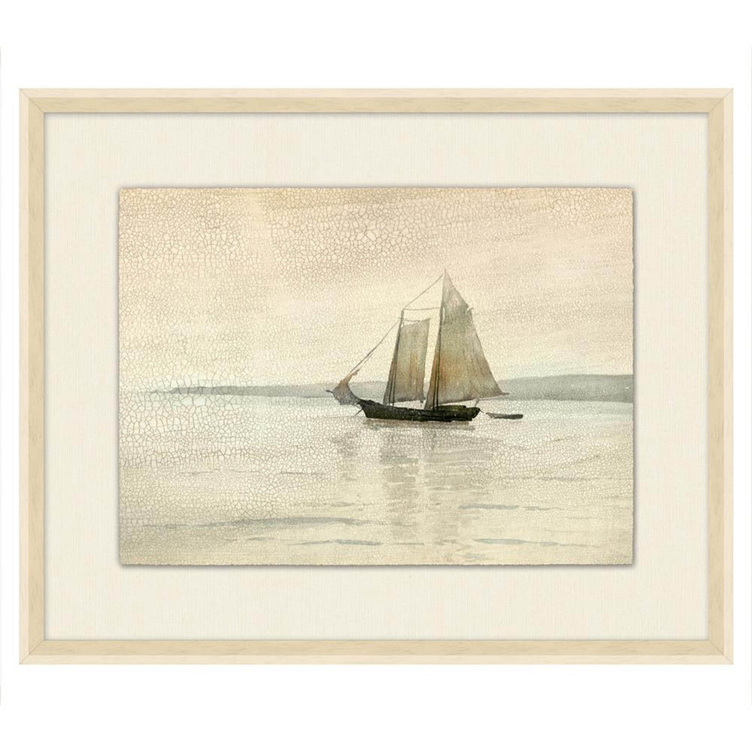 Caroline Coastal Beach Beige Sailboat Seascape Painting I With Frame 26"x21"
