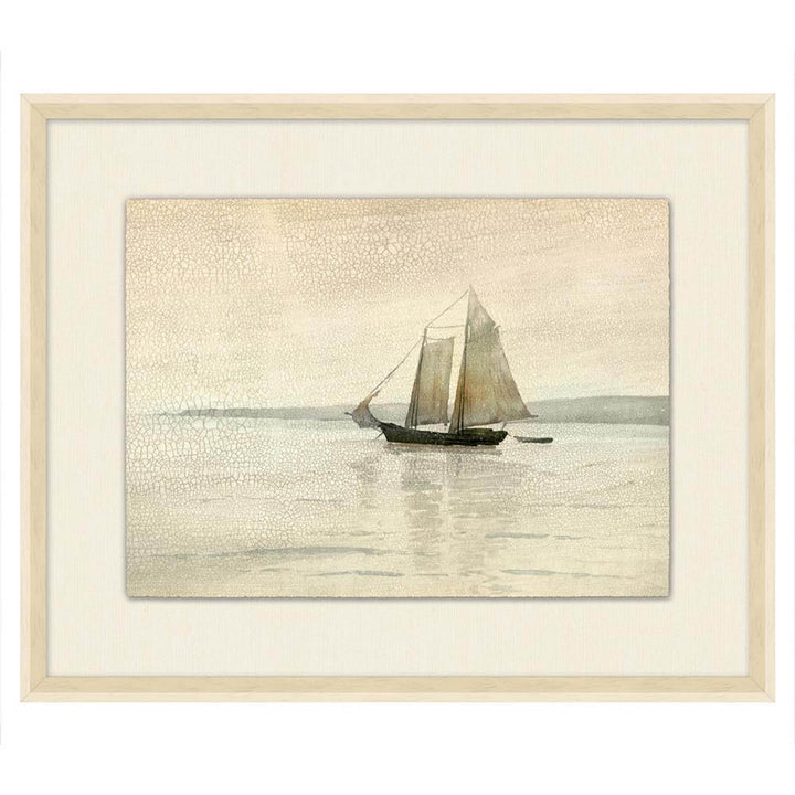 Caroline Coastal Beach Beige Sailboat Seascape Painting I With Frame 26"x21"