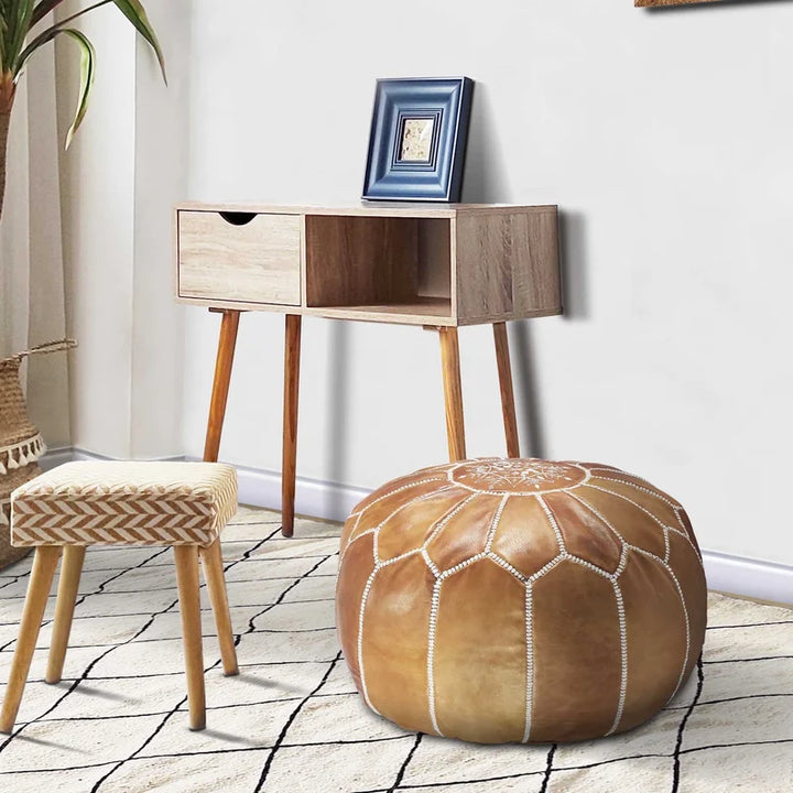 Genuine Leather Round Floral Pouf Ottoman