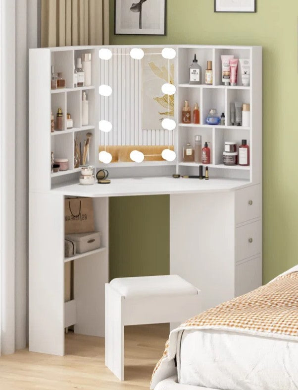 Wide Corner Vanity Set with Stool and Mirror