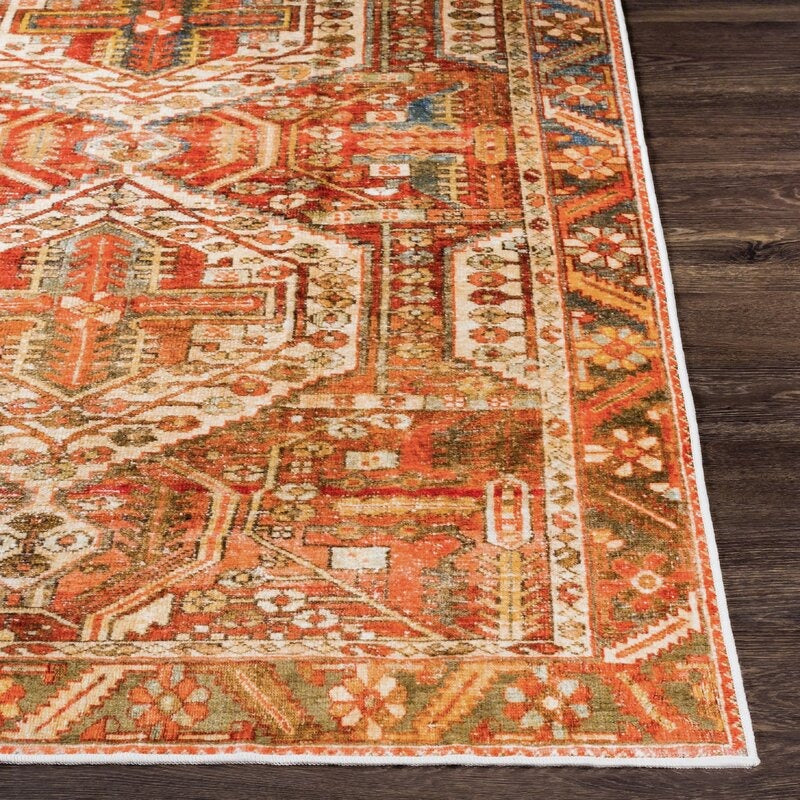 Mags Machine Washable Oriental Brick Red Rug