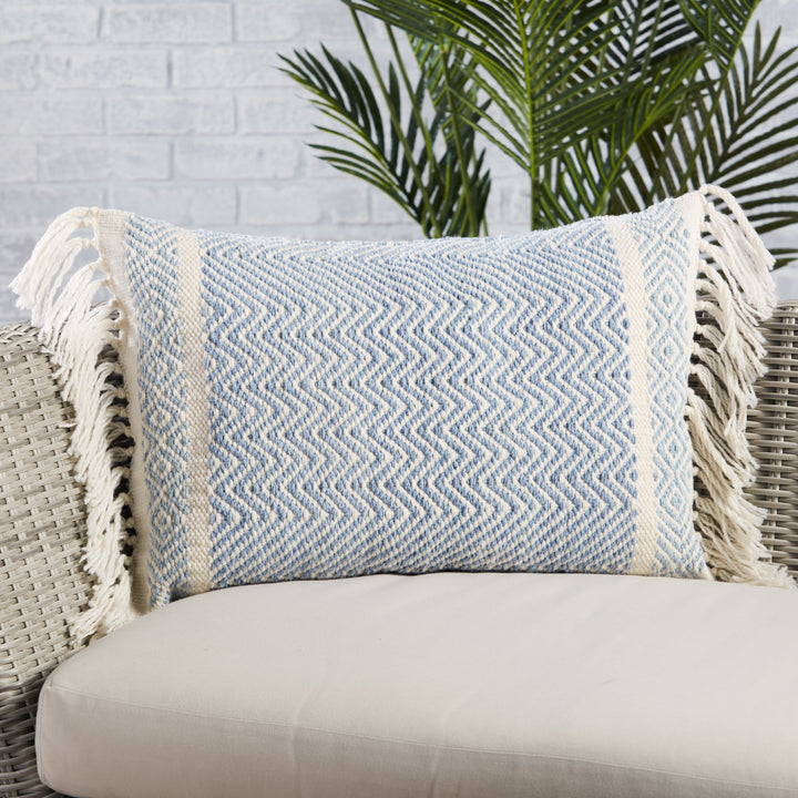 Iker Indoor Outdoor Light Blue Ivory Pillow With Insert-24"x16"
