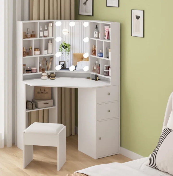 Wide Corner Vanity Set with Stool and Mirror