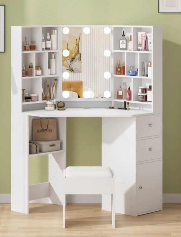 Wide Corner Vanity Set with Stool and Mirror