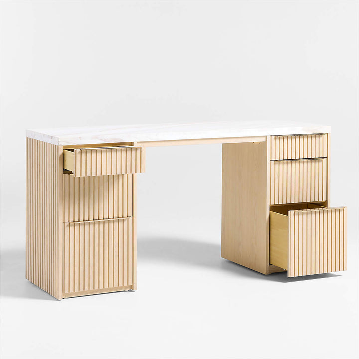 Batten Natural Oak Wood Console Desk with White Marble Top