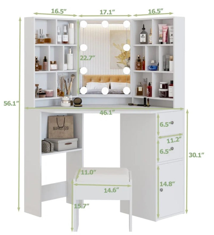 Wide Corner Vanity Set with Stool and Mirror