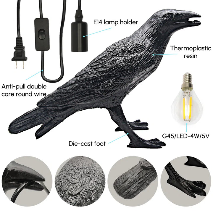 Raven Table Lamp LED Resin Novelty Lamps Pulg in Halloween Decorative Desk Light