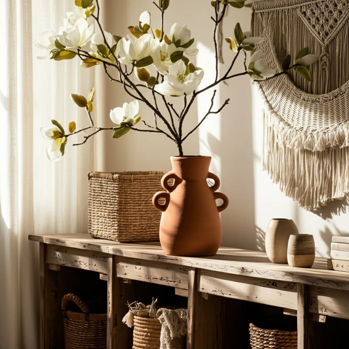 Boho Pottery Terracotta Vase with Sculptural Handles