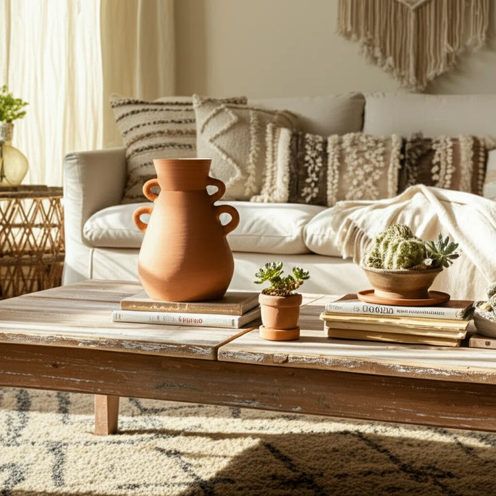 Boho Pottery Terracotta Vase with Sculptural Handles