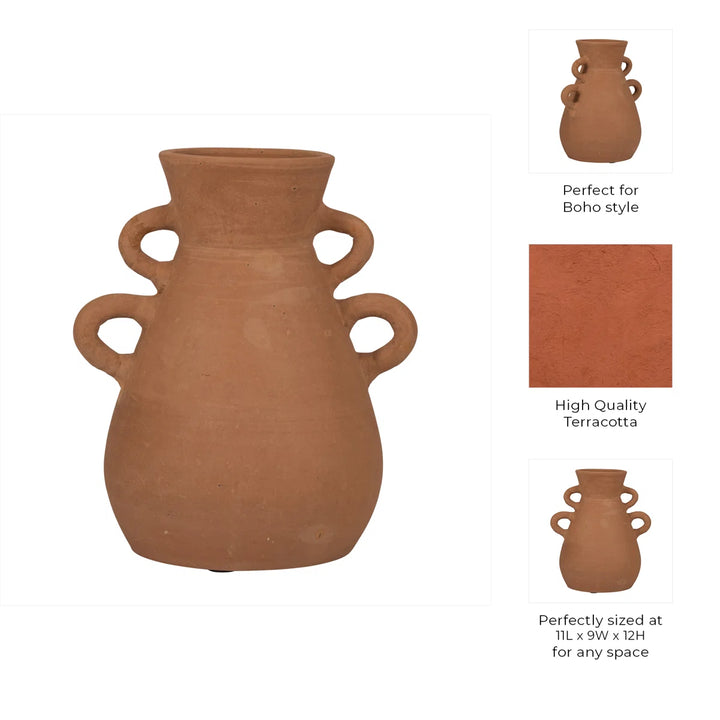 Boho Pottery Terracotta Vase with Sculptural Handles