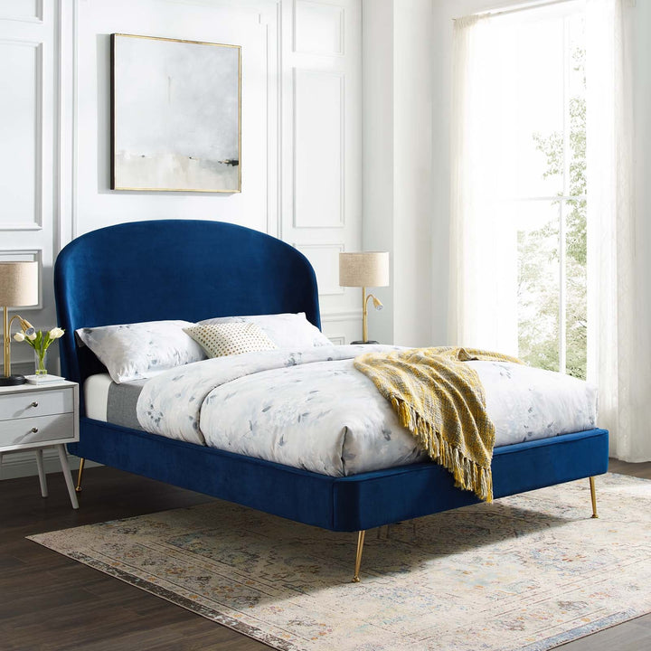 Rima Blue Velvet Platform Bed - Queen