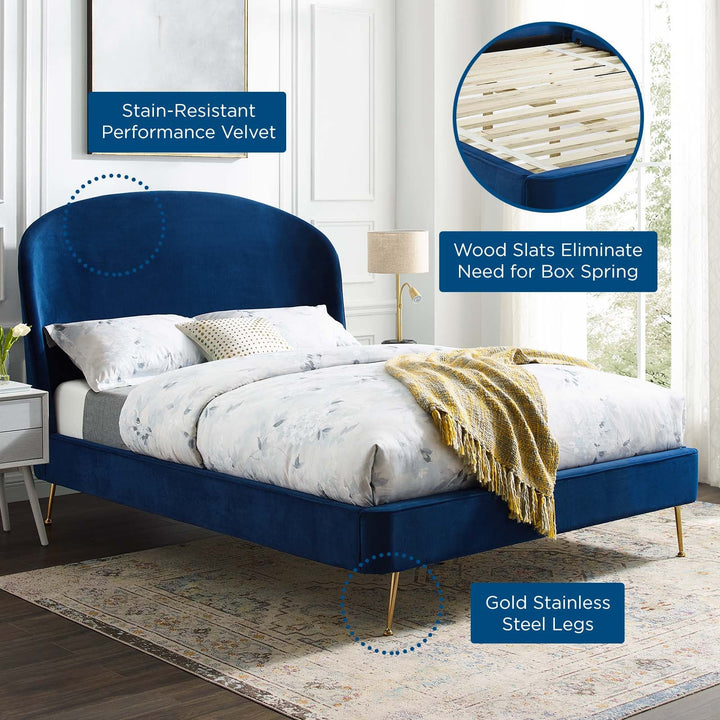 Rima Blue Velvet Platform Bed - Queen