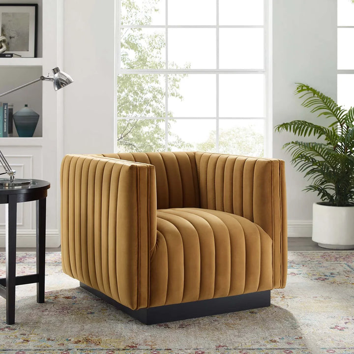 Journe Channel Tufted Velvet Armchair - Cognac