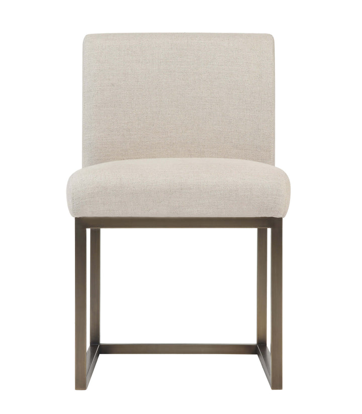 Sleek Beige Linen Chair In Brass