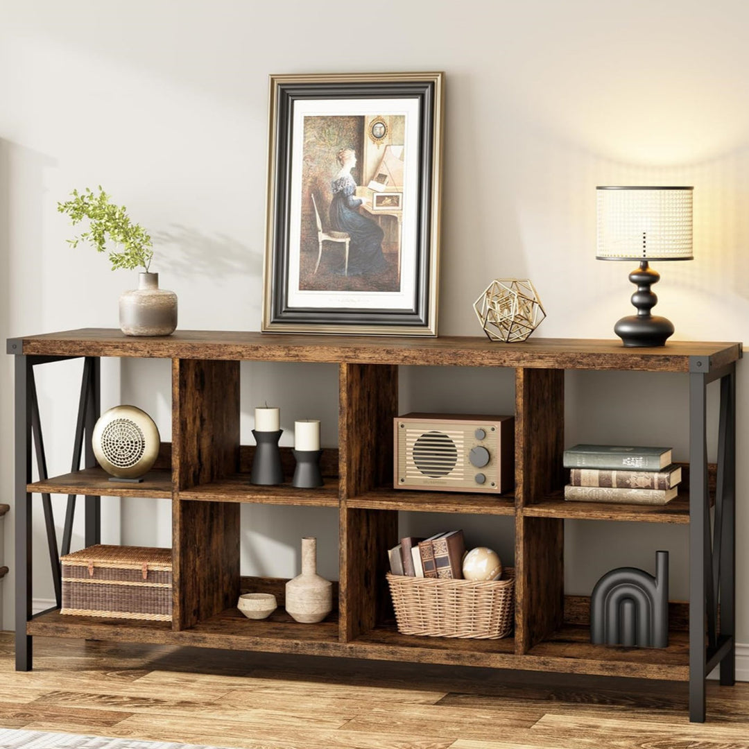 3-tier Metal Horizontal Bookshelf With 8 Cube Storage Organizer – 62-inch Industrial Console Bookcase For Entryway And Living Room