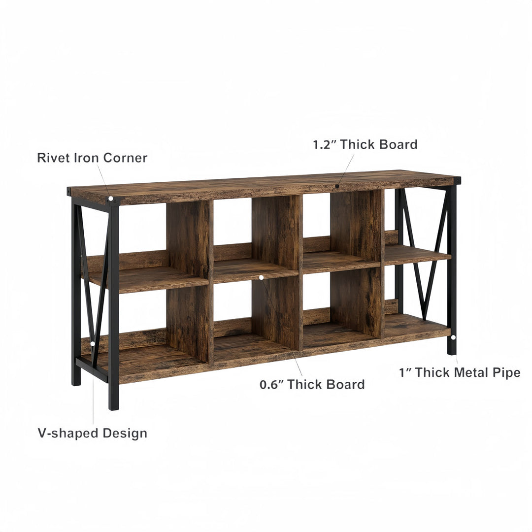 3-tier Metal Horizontal Bookshelf With 8 Cube Storage Organizer – 62-inch Industrial Console Bookcase For Entryway And Living Room