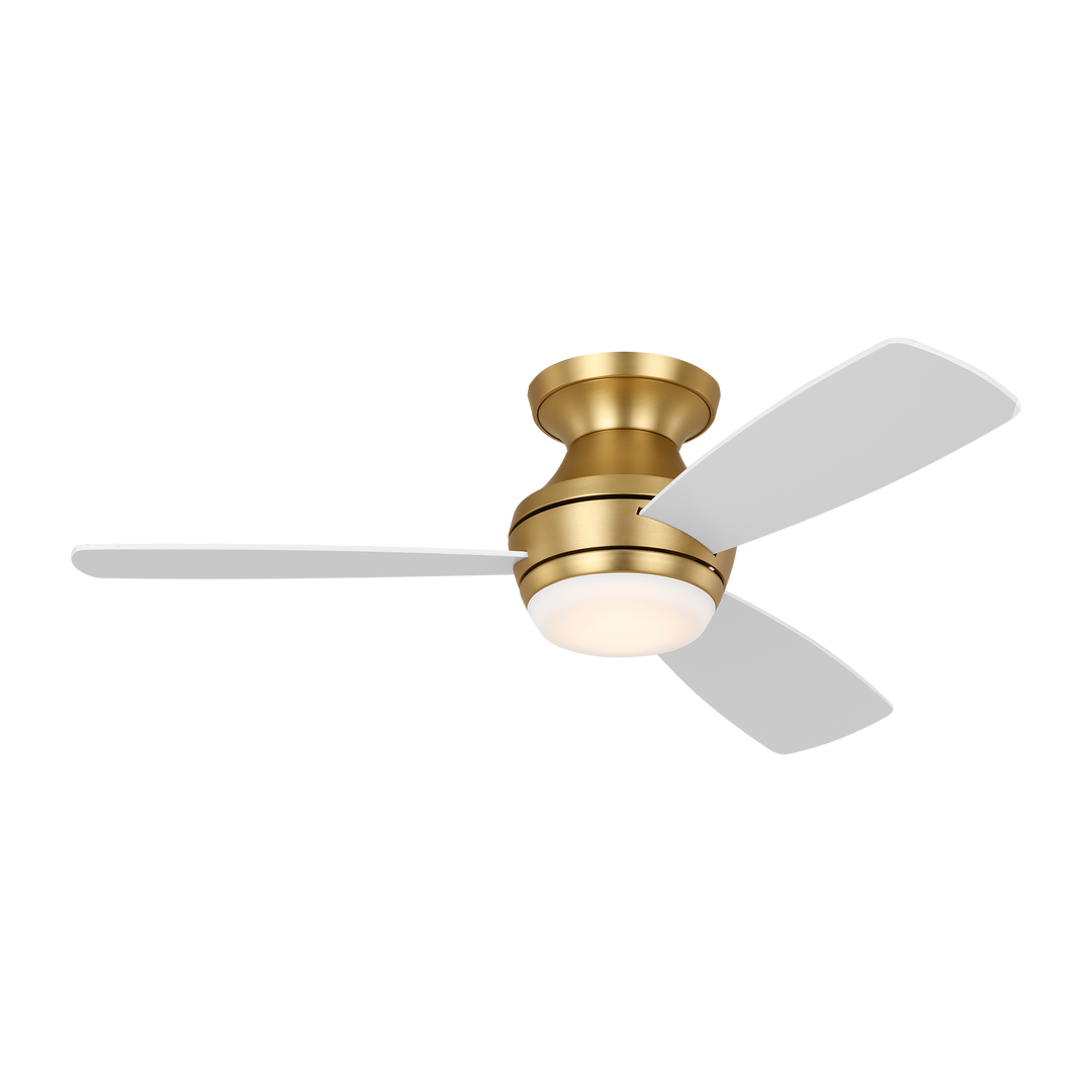 Ikon 44 Hugger LED Ceiling Fan in Burnished Brass with Matte White Blades and Light Kit
