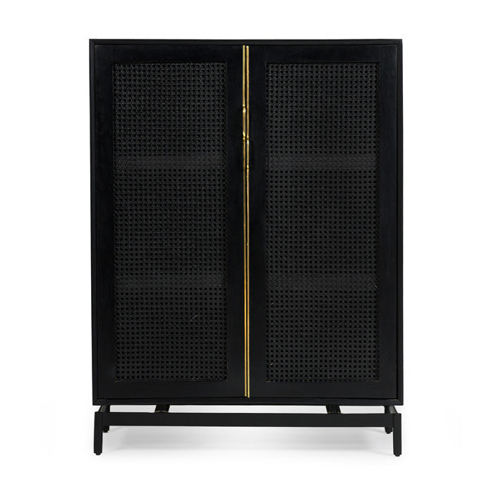 Elegant Woven-Cane Mini Cabinet - Charcoal