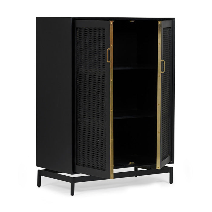 Elegant Woven-Cane Mini Cabinet - Charcoal