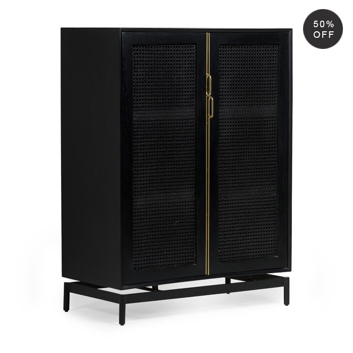 Elegant Woven-Cane Mini Cabinet - Charcoal