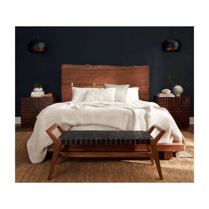 Reclaimed Teak Mid-Century Retro Black Leather Seat