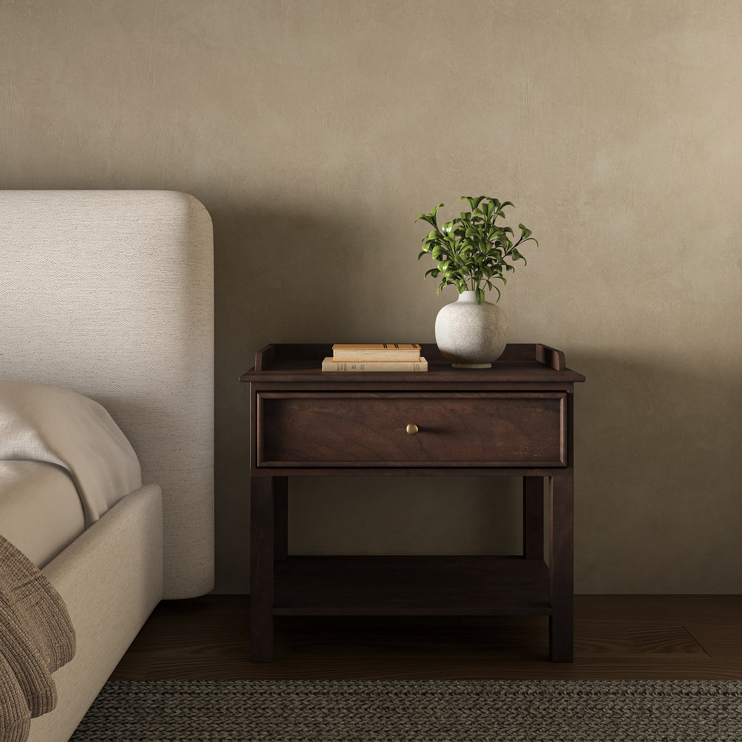 Sophisticated Mango Wood & Brass Nightstand with Shelf