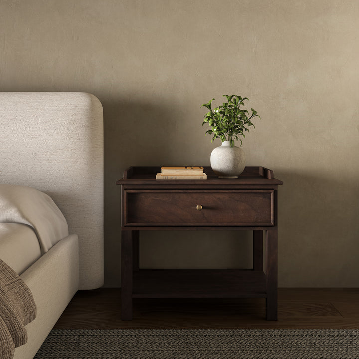 Sophisticated Mango Wood & Brass Nightstand with Shelf