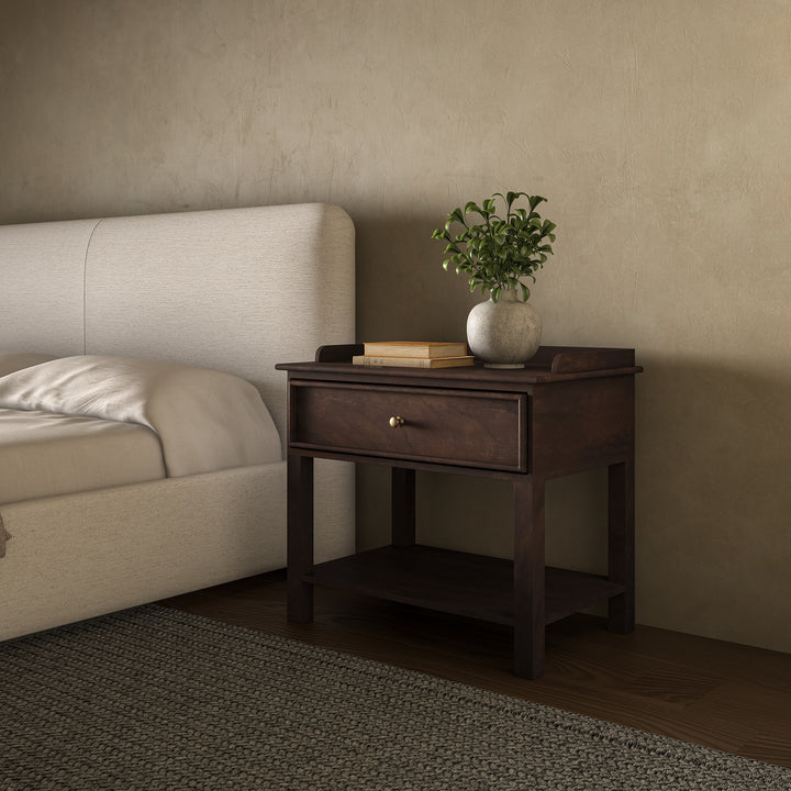 Sophisticated Mango Wood & Brass Nightstand with Shelf