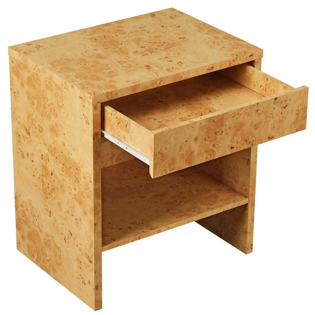 Huxley 1-Drawer Burl Wood Nightstand With Shelf