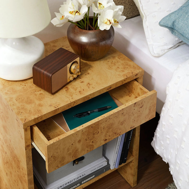 Huxley 1-Drawer Burl Wood Nightstand With Shelf