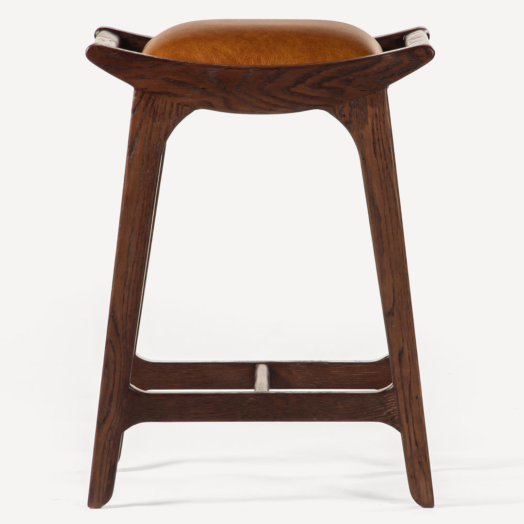 Elegant Brown Counter Stool - Rich Solid Oak & Upholstery