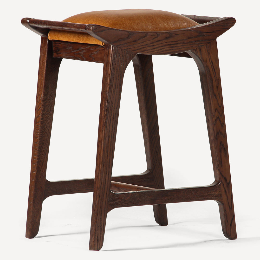 Elegant Brown Counter Stool - Rich Solid Oak & Upholstery