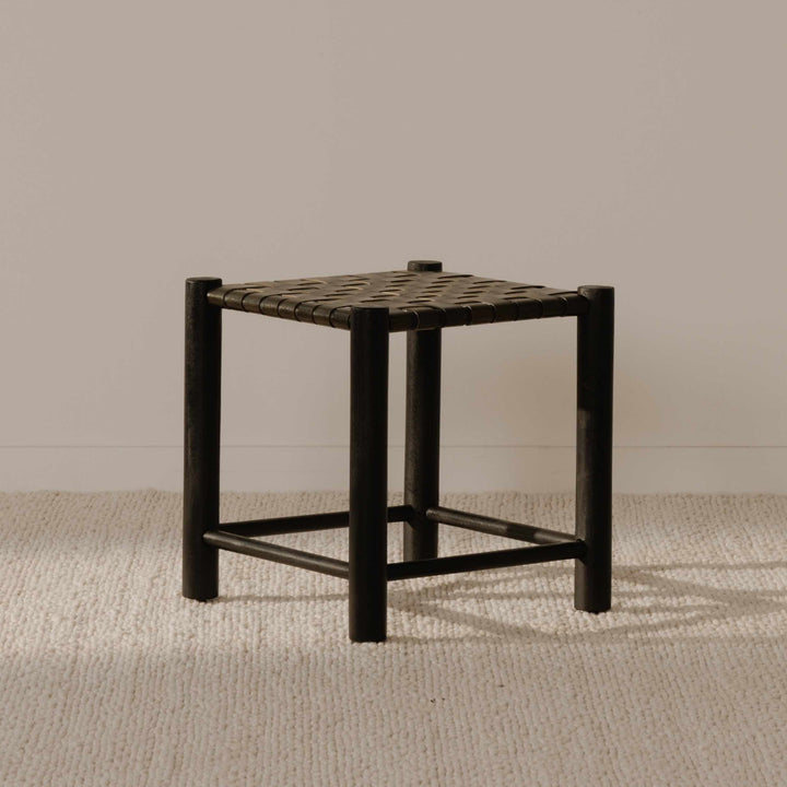 Rustic Grace Stool in Solid Mango Wood with Leather Accents