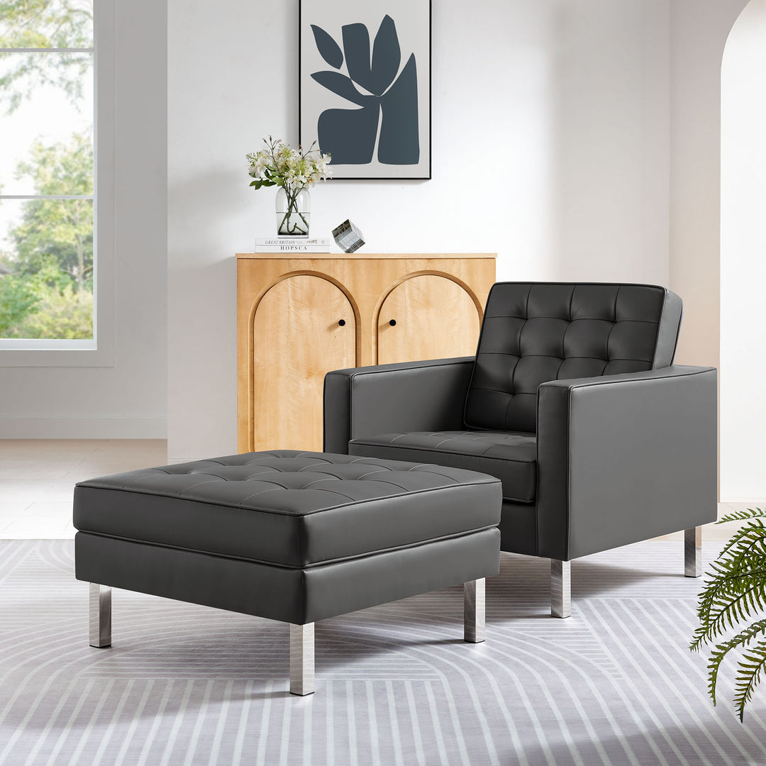 Luxe Tufted Vegan Leather Armchair and Ottoman Set