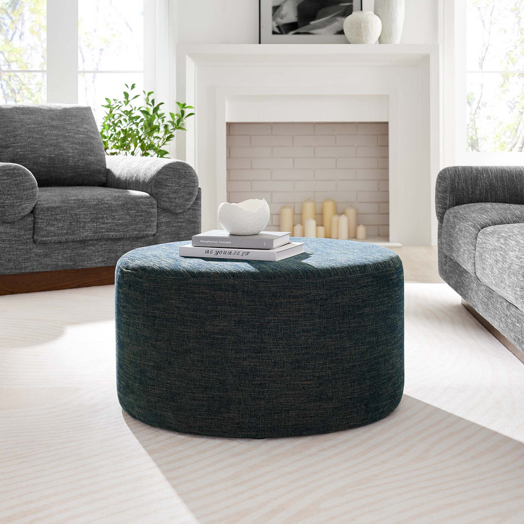 Camden Luxe 29" Round Woven Heathered Fabric Upholstered Ottoman