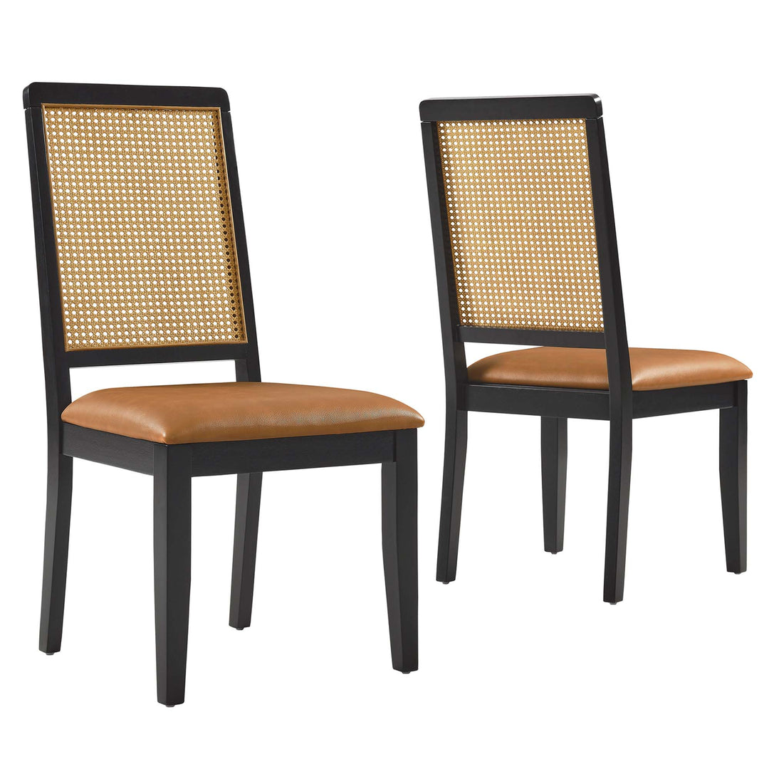 Avery Vegan Leather Upholstered Faux Rattan and Wood Dining Side Chairs Set of 2