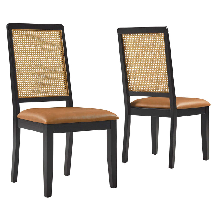 Avery Vegan Leather Upholstered Faux Rattan and Wood Dining Side Chairs Set of 2