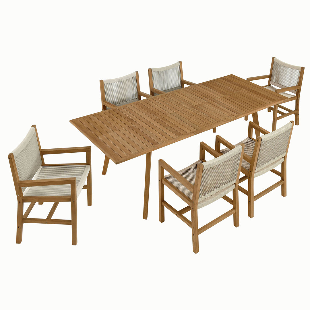 Valencia 7-Piece Outdoor Patio Teak and Rope Dining Set with Armchairs