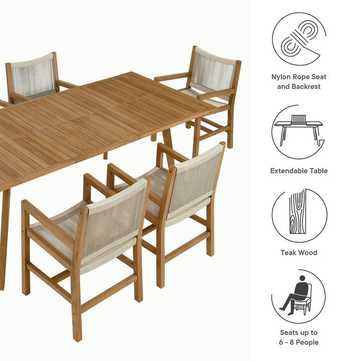 Valencia 7-Piece Outdoor Patio Teak and Rope Dining Set with Armchairs