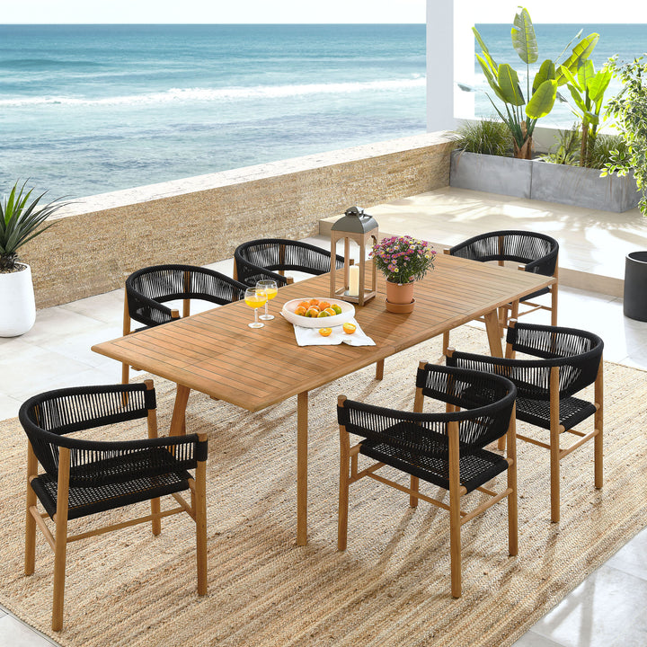 Vernon 7-Piece Outdoor Patio Teak and Rope Dining Set with Curved-Back Armchairs