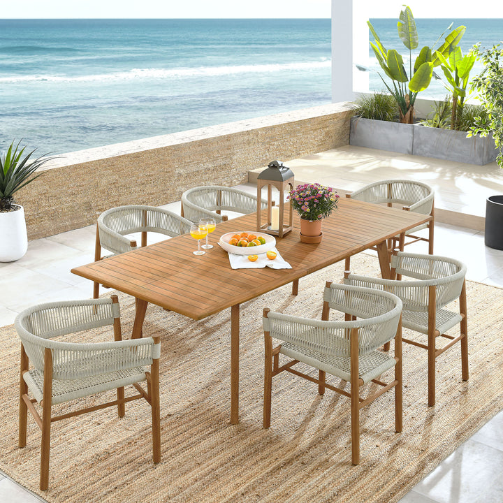 Vernon 7-Piece Outdoor Patio Teak and Rope Dining Set with Curved-Back Armchairs