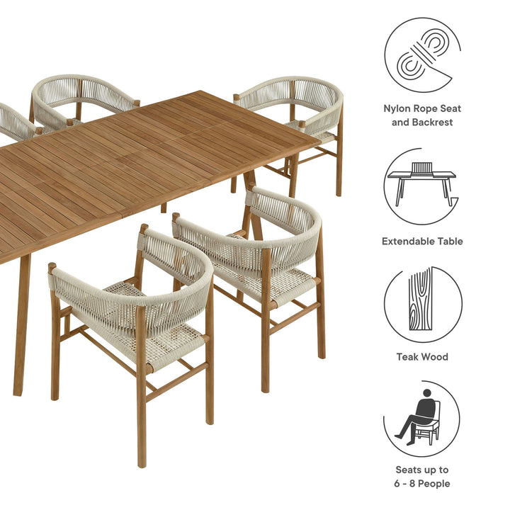 Vernon 7-Piece Outdoor Patio Teak and Rope Dining Set with Curved-Back Armchairs