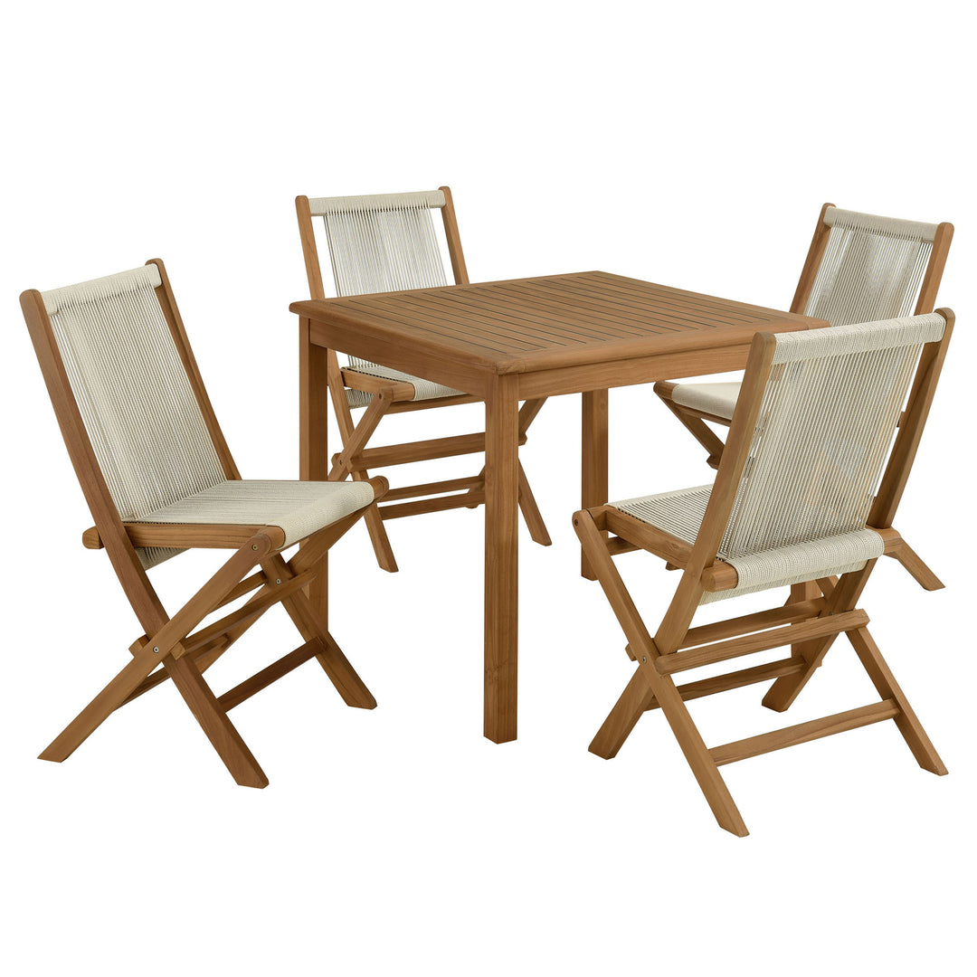 Venetian 5-Piece Outdoor Patio Teak Wood Dining Set with Rope Folding Chairs