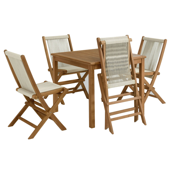 Venetian 5-Piece Outdoor Patio Teak Wood Dining Set with Rope Folding Chairs