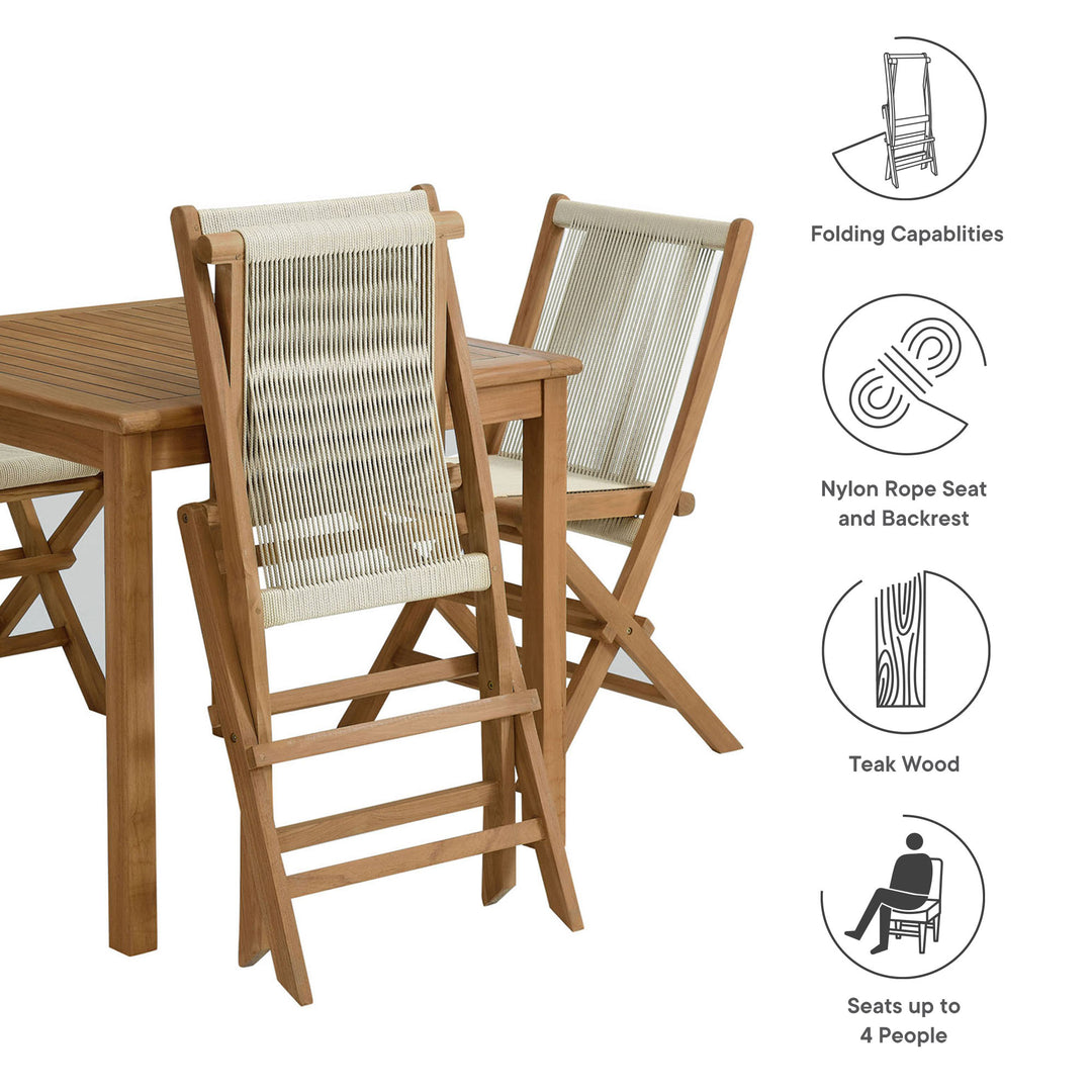 Venetian 5-Piece Outdoor Patio Teak Wood Dining Set with Rope Folding Chairs