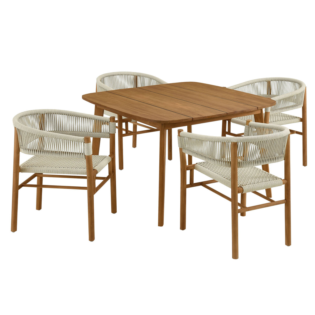 Valencia 5-Piece Outdoor Patio Teak and Rope Dining Set with Curved-Back Armchairs