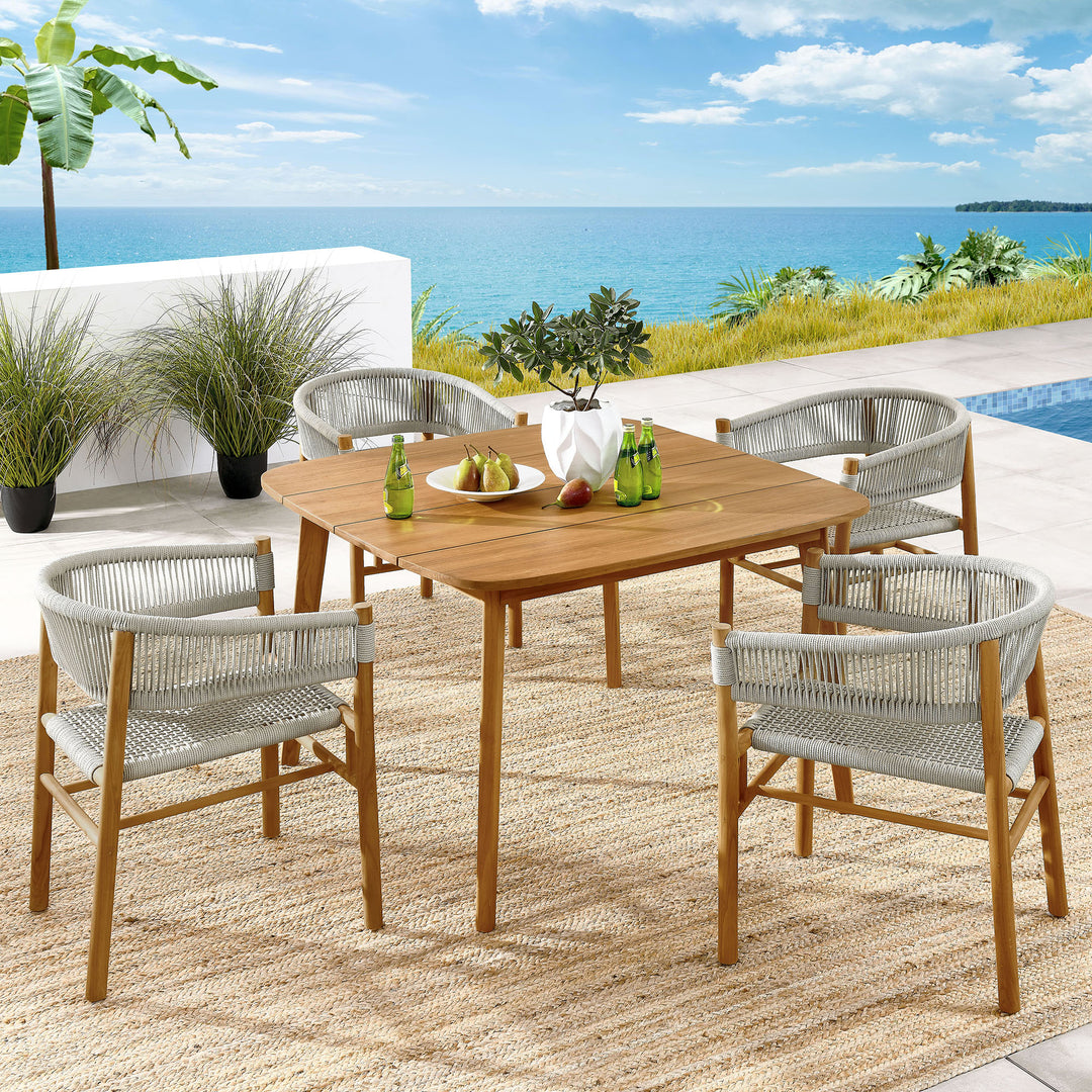 Valencia 5-Piece Outdoor Patio Teak and Rope Dining Set with Curved-Back Armchairs