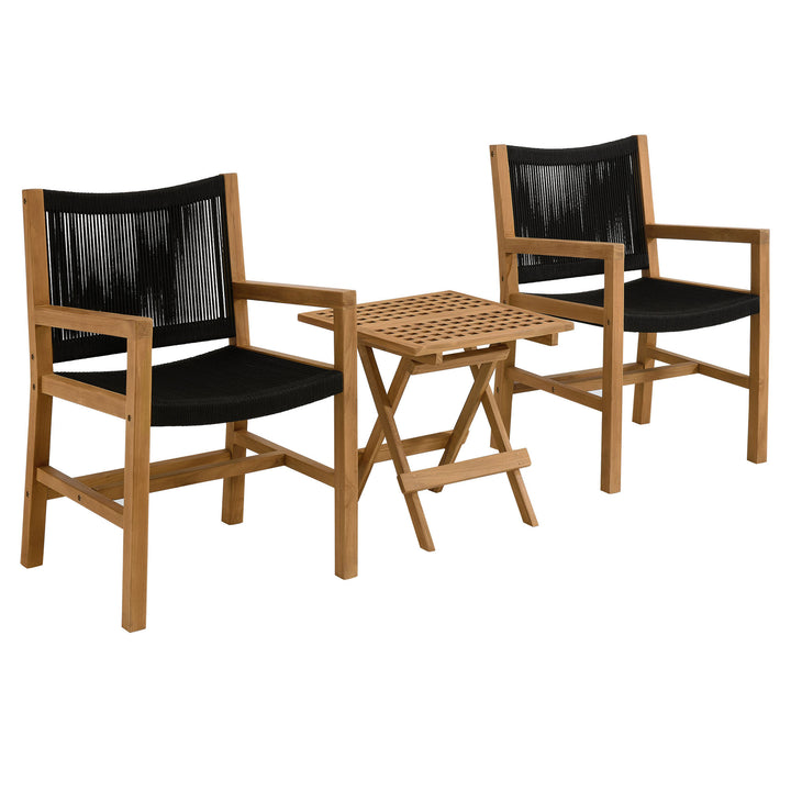 Veranda 3-Piece Outdoor Patio Teak and Rope Armchairs with Folding Side Table