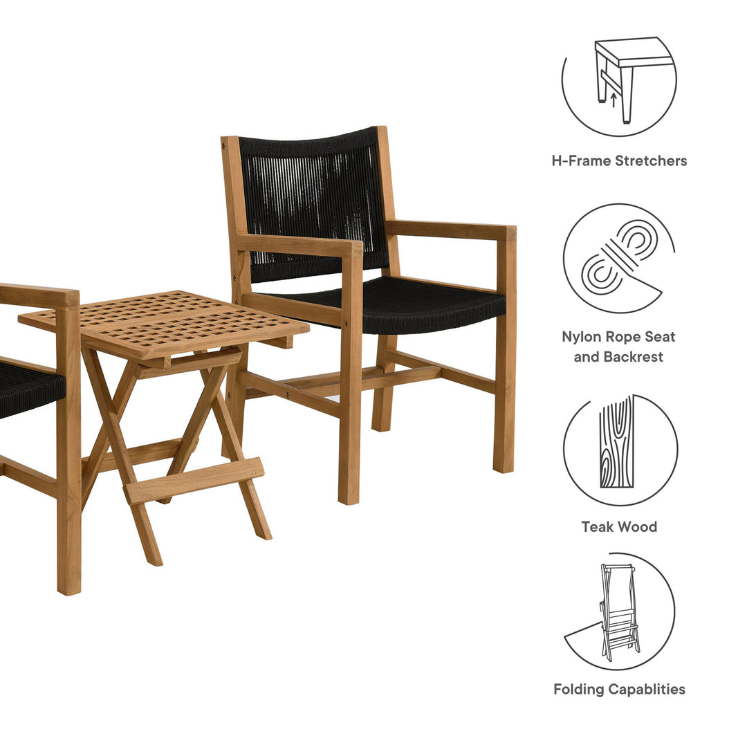 Veranda 3-Piece Outdoor Patio Teak and Rope Armchairs with Folding Side Table